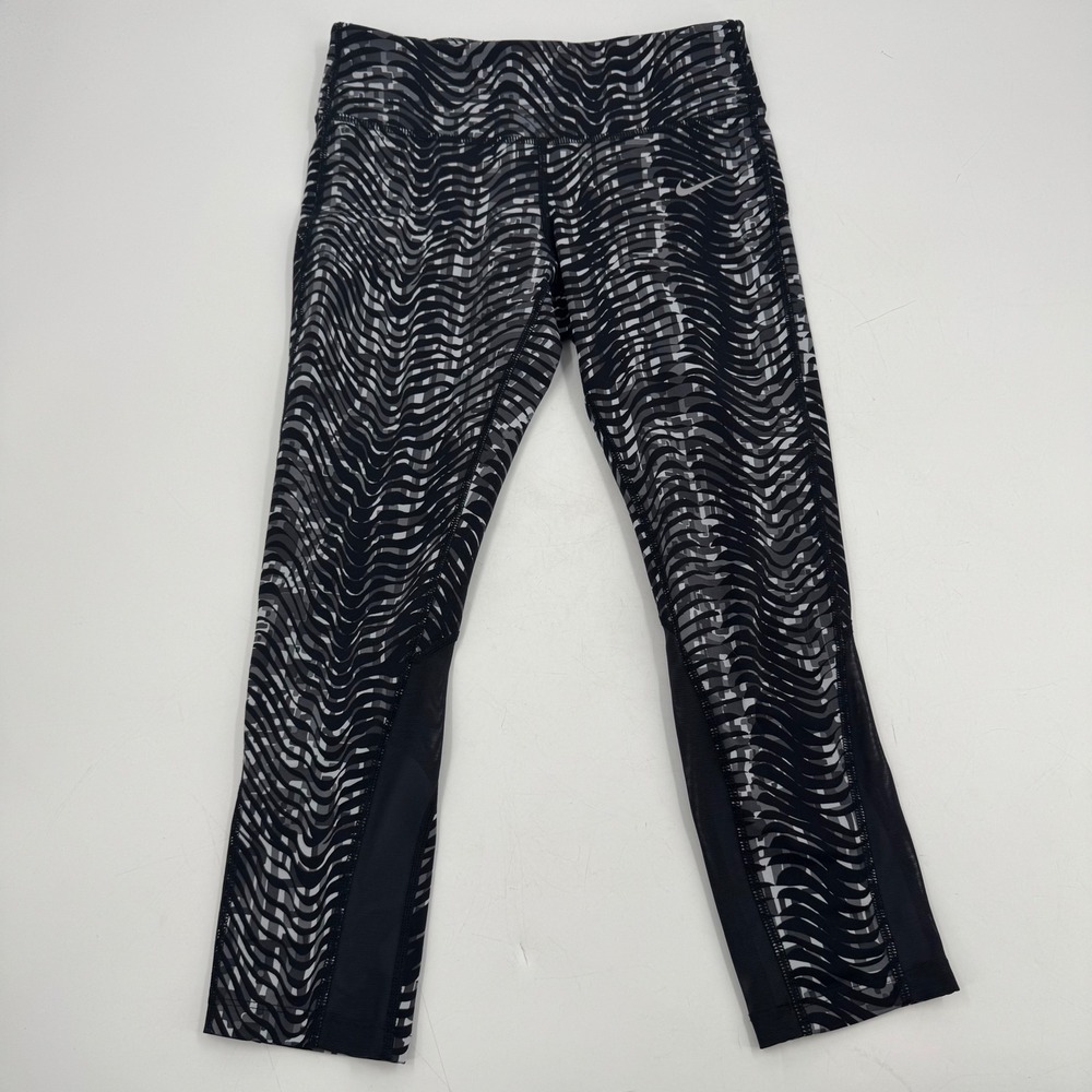 Nike Dri Fit Womens Leggings Black White Wave Print Cropped Size S 719848-010